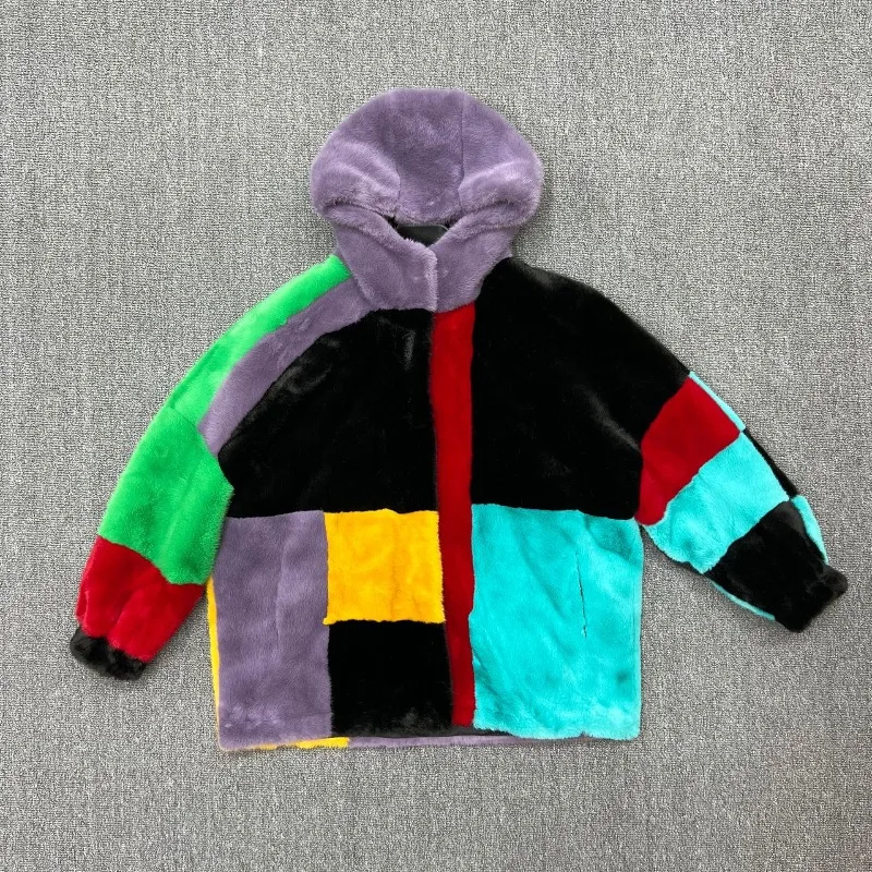 Fashion Casual Mid-Length Hooded Color-Block Versatile Faux Fur Coat Womem's Winter New Long Sleeves Colorful Loose Furry Jacket