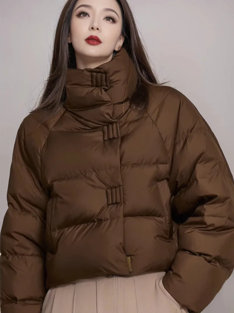 2024 New Winter Women\'s Coffee Color Cotton-Padded Jacket Fashion Casual Short Korean Version Simple Thick Bread Clothing Cotton