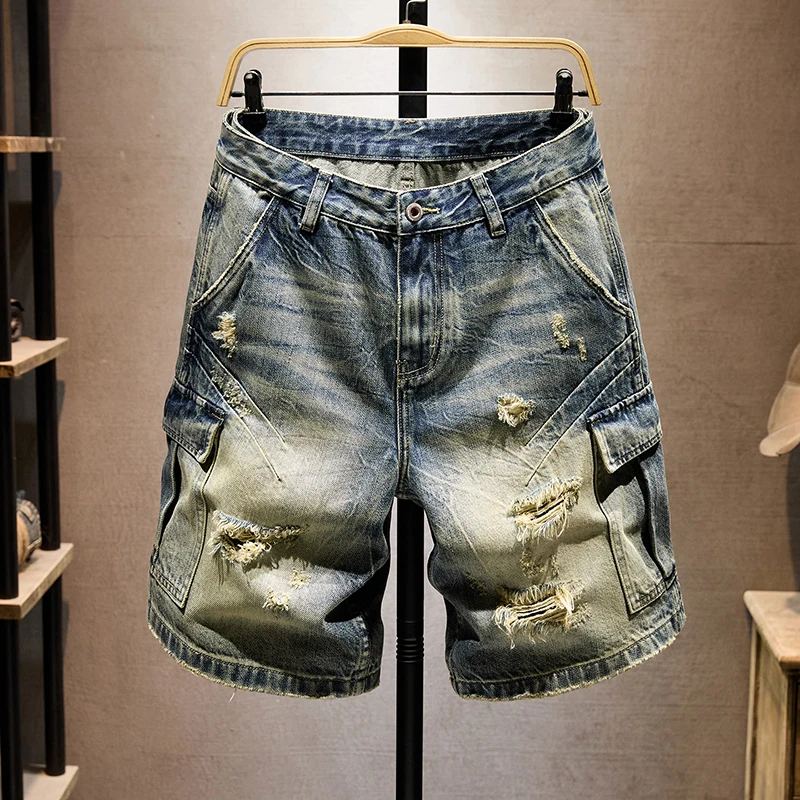 

KSTUN Men Vintage Cargo Denim Bermuda Shorts Loose Straight Leg Washed Distressed Casual Summer Shorts Distressed