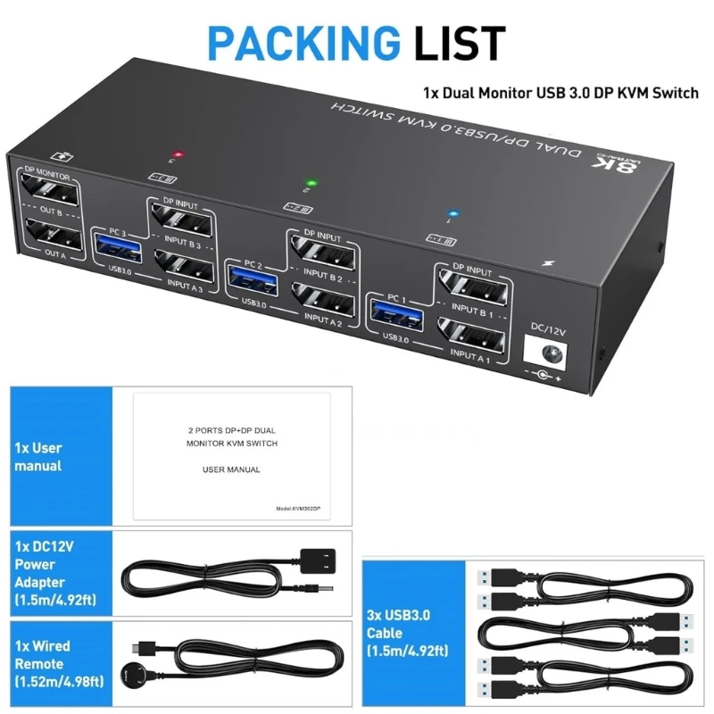 

16FB Reliable 8K USB3.0 Displayport KVM Switchs for Stable Control KVM Switches KVM Switchs Expanders USB3.0 Device Hubs