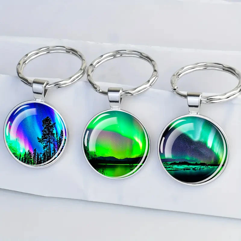 New Fluorescent Aurora Dome Glass Metal Keychain Illuminated in The Dark Car Keychain Packaging Accessories