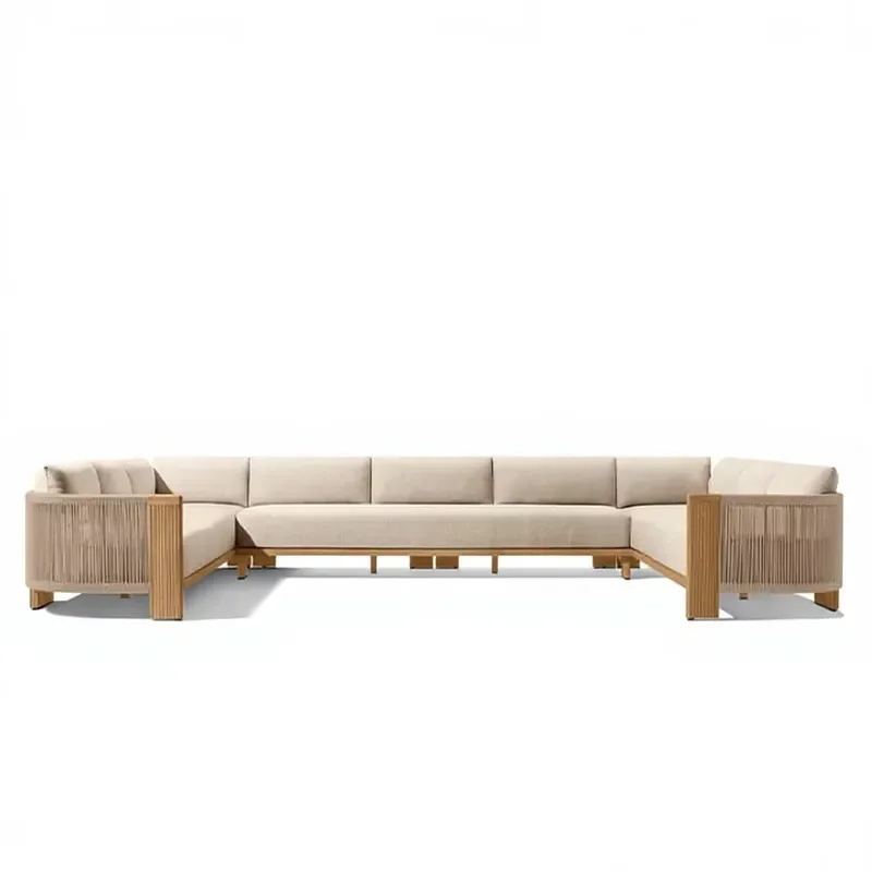 Premium Weather Resistant U-shaped Teak Three Seat Sofa Waterproof Cushions for Outdoor Use Garden Courtyard Park Hotel Villa