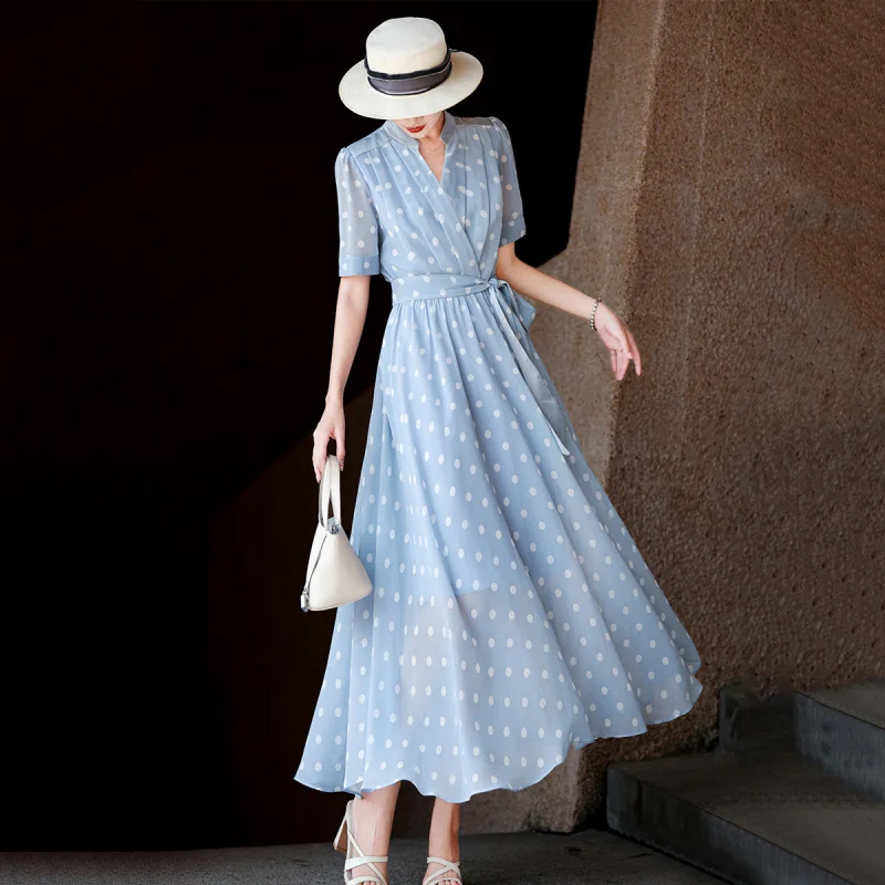 MEXCOCO Women New Summer Casual Commuter Turn Down Collar Zipper Drawstring Waist Cinched Half Sleeve A Line Dress