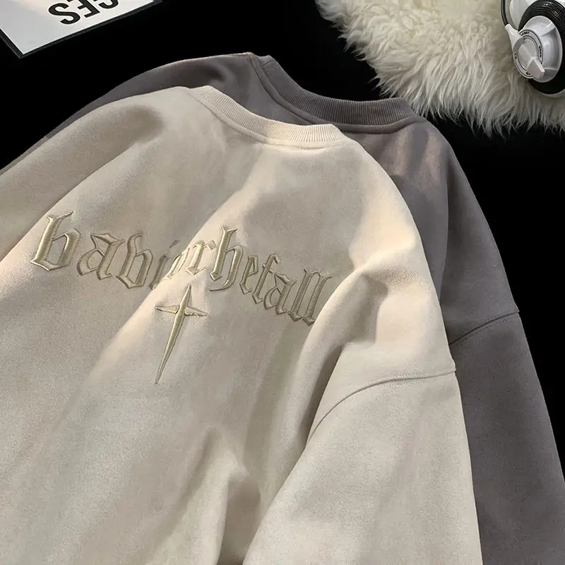 

Trendy round neck sweatshirt spring and autumn new American style heavy ins embroidery outer y2k emo wear loose coat for couples