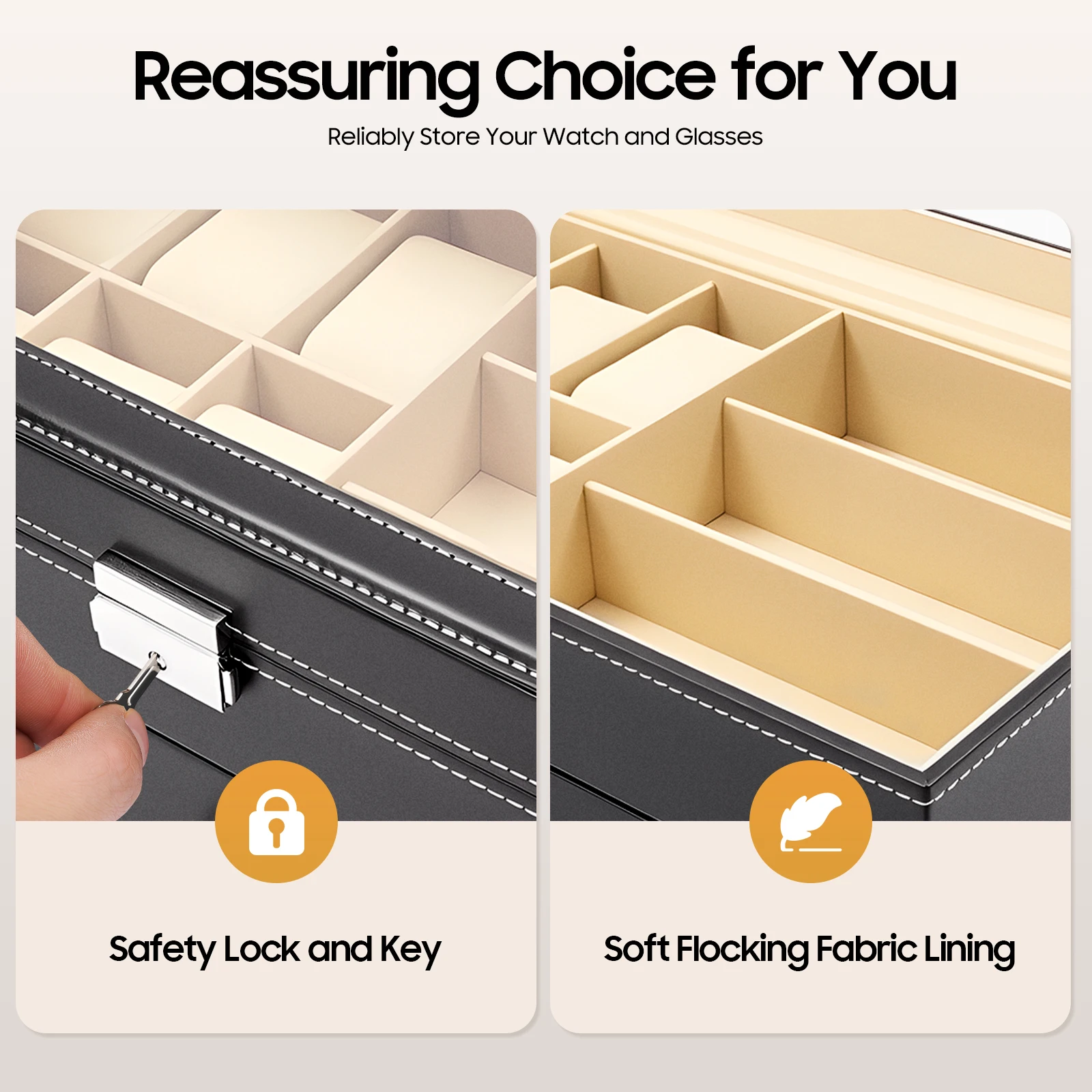 2-Tier Watch & Eyeglasses Storage Box 6 Watch Slots + 9 Glasses Compartments Retro Lockable Organizer with Glass Lid