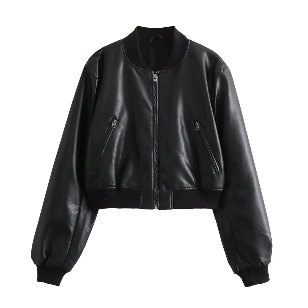 

Women's Vintage Stand Collar Oversized Casual Short-Length Motorcycle-Style Faux Leather Pilot Jacket for Fall/WinterC A