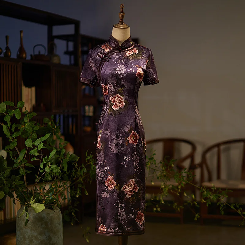 

Summer Elegant Short Sleeve Flower Printed Satin Chinese Women Knee-Length Cheongsam Side Eight Buckles Qipao Dresses