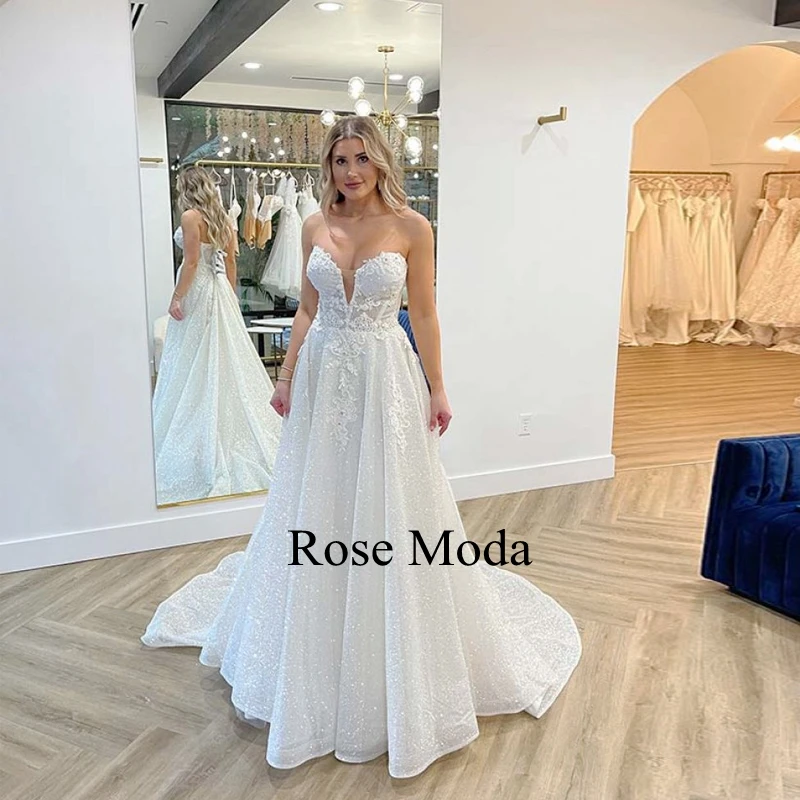 Rose Moda Deep Sweetheart Neckline Princess Glittering Lace Wedding Dresses Custom Make Real Photo