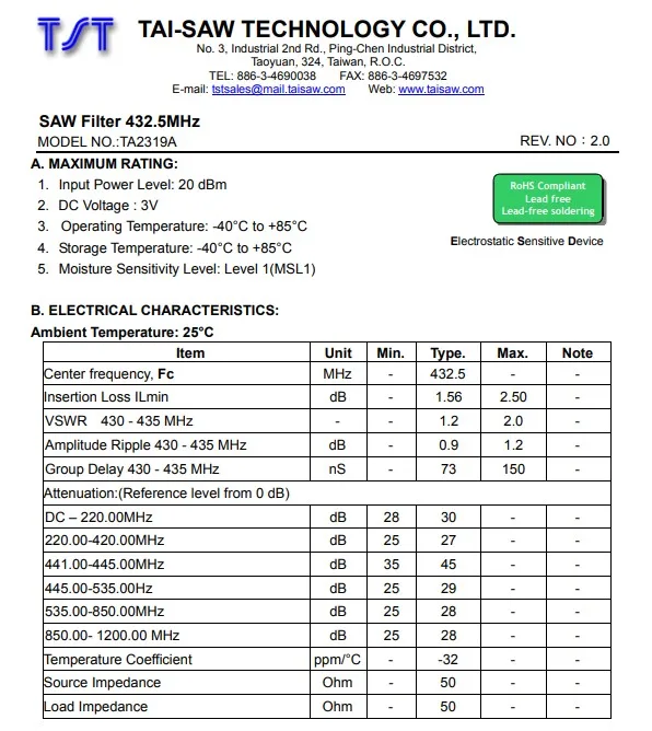 10 pz/lotto nuovo filtro per sega originale 432.5MHz perdita di inserzione 1.56dB SMD 3.8x3.8mm superficie onda acustica filtri RF TA2319A Code2319