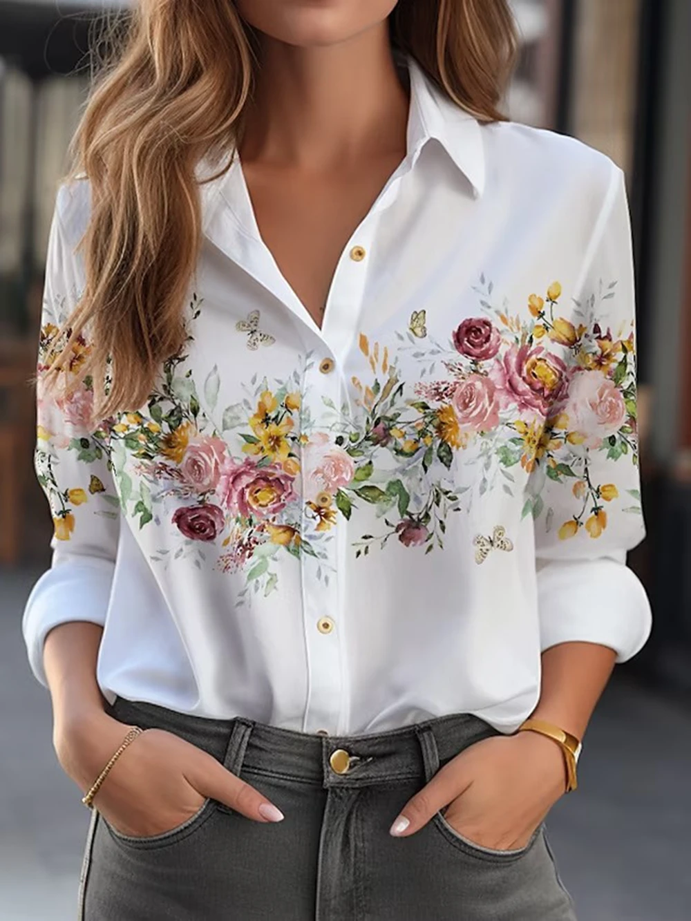 2024 Women\'s shirt & blouses Elegant flower Shirt 3D Print High quality Long Sleeve Fashion Large size Female clothing Blouse