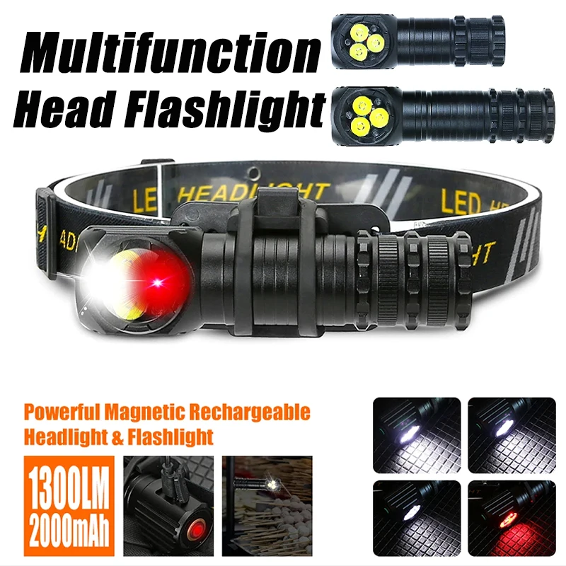 1300LM LED Headlamp High Bright Head Flashlight with Tail Magnet Type-C Rechargeable Headlight Torch Camping Fishing Lantern