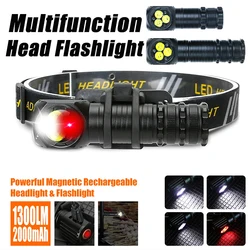 1300LM LED Headlamp High Bright Head Flashlight with Tail Magnet Type-C Rechargeable Headlight Torch Camping Fishing Lantern