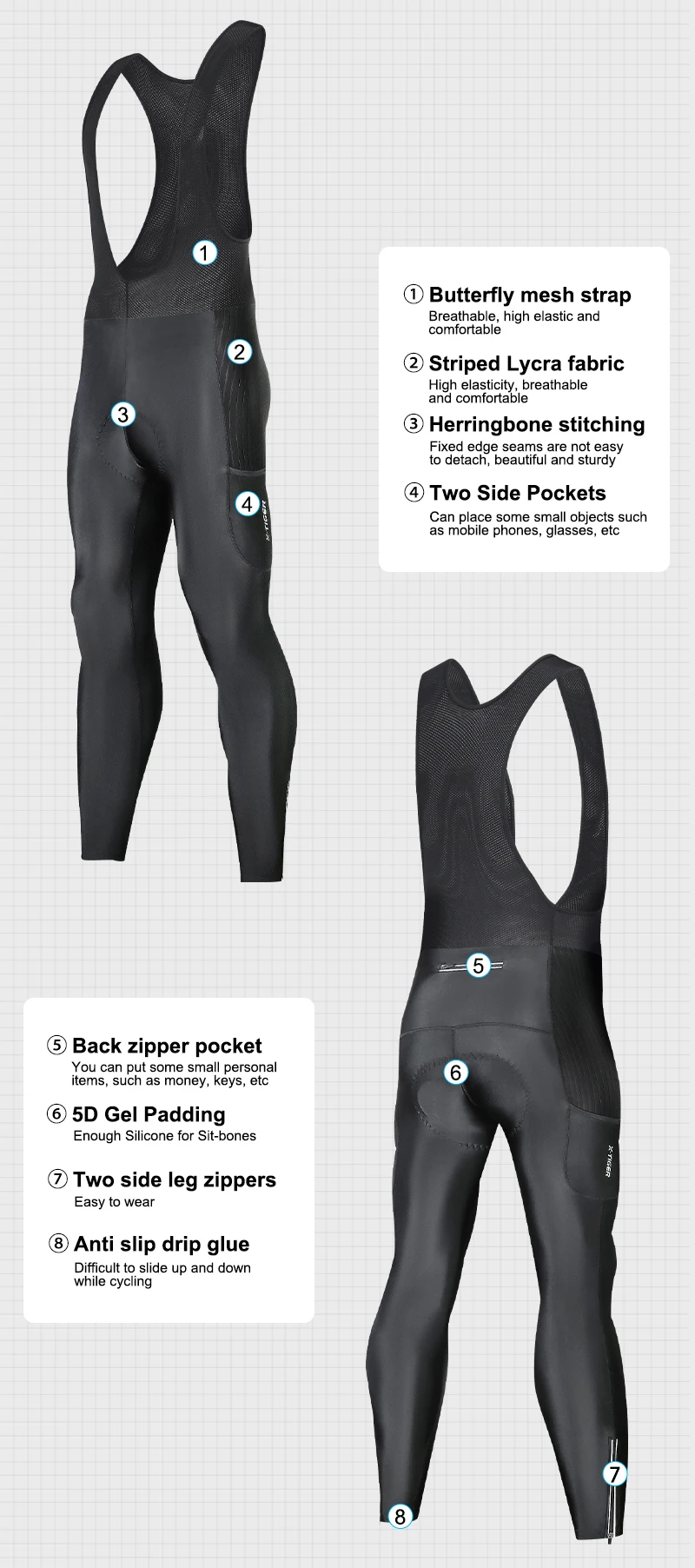X-TIGER Männer Radfahren Lange Hosen 5D Gel Gepolsterte Lange Fahrrad Hosen Strumpfhosen Leggings Outdoor Reiten Mountain Road Fahrrad Lange Hosen – Detail 4