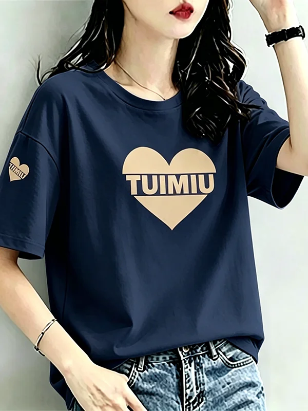 

New Summer Women's T-shirt Short Sleeve Printed Loose round Neck Breathable Polyester Fiber Standard Size Fashionable Slimming