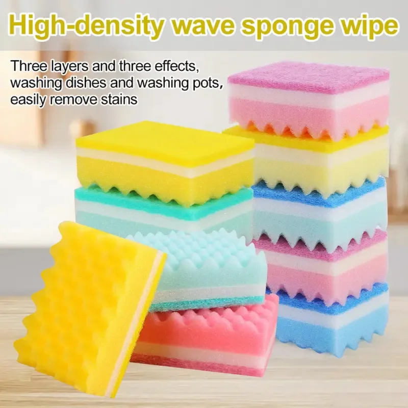 

6/12/24Pcs Multi-Color High-Density Wave Double-Sided Cleaning Sponge Scrubber Kitchen And Household Cleaning Sponge