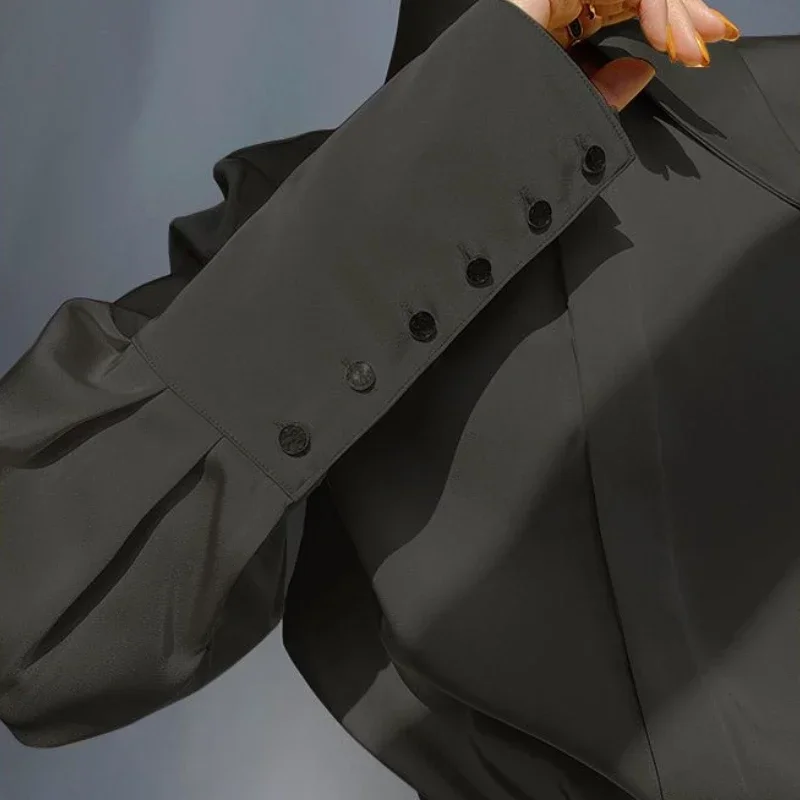 女性のためのエレガントでゆったりとしたモノクロのサテンシャツ,フレンチスタイル,ボタン付き,オフィスウェア,ヴィンテージ,オールマッチ,シック,柔らかく,春