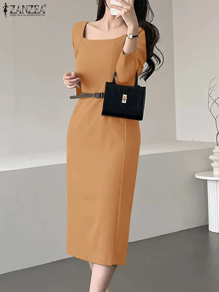 ZANZEA Elegancka damska dopasowana sukienka biurowa Lady z długim rękawem i kwadratowym dekoltem Party Vestidos 2025 Spring Solid Color Casual Long Robes