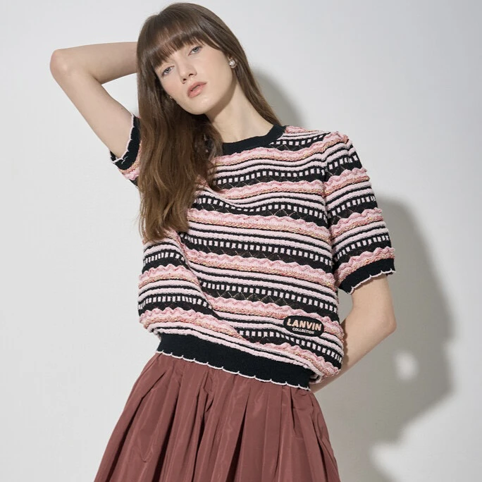 

Korean Sle Summer Knitted Stripe ort Sve Sweater Fre And Light Cotton Polyester Blend round Ne Regular Fit
