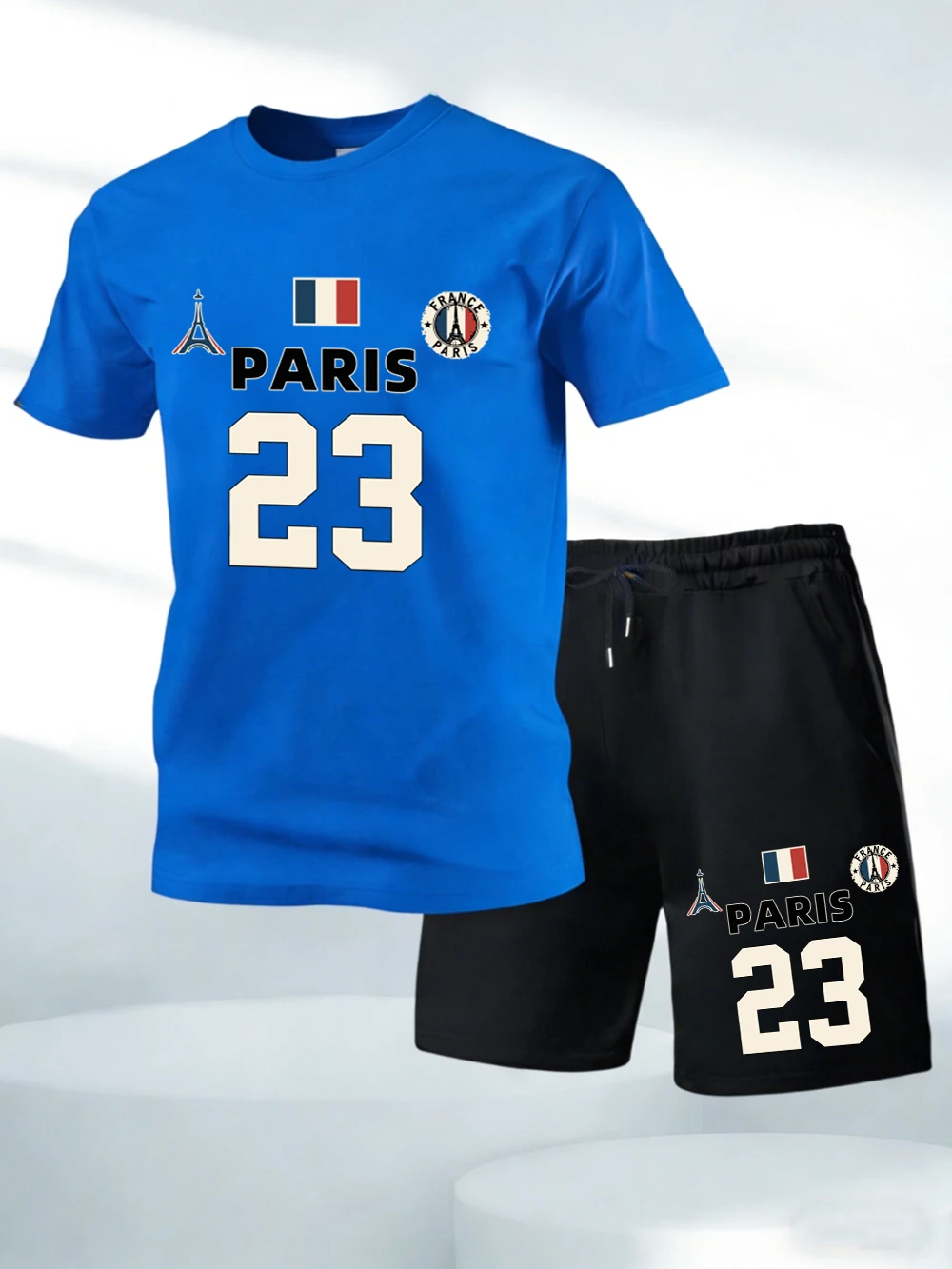 

Two Pieces Set France Paris 23 Printing Cotton T-Shirts Pants Mens Soft O-Neck Oversized Tops High Waisted Pocket Male Shorts