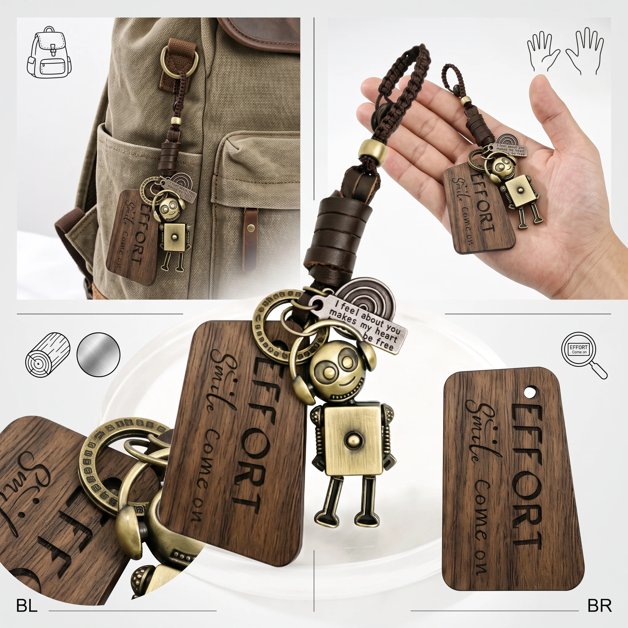 Vintage Robot Keychain With Effort Wooden Tag Braided Leather Rope Backpack Charm Car Key Pendant Gift For Men