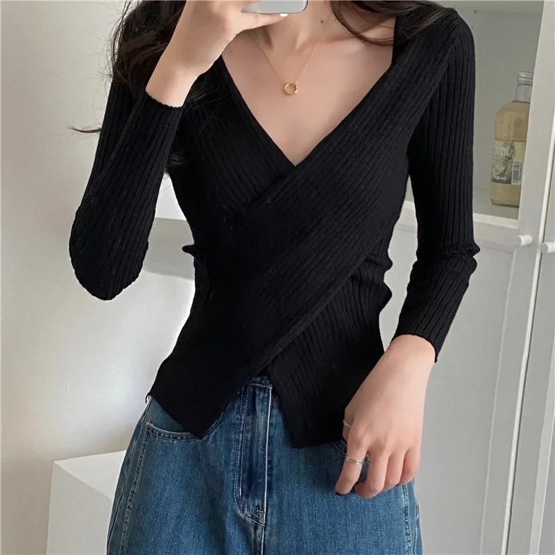 Herfst Winter Knitwear Tops Mode Vrouwelijke Lange Mouw Skinny Elastische Casual V-hals Gebreide Shirts Dames Trui Truien