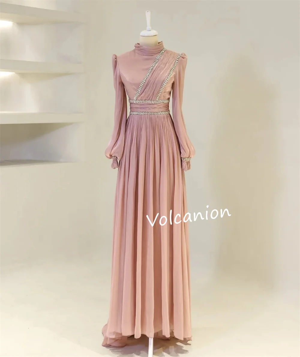 تخصيص الشيفون مطرزة الطية ألف خط الياقة العالية فساتين طويلة مناسبة مخصصة كلاسيكية أنيقة مساء رسمي