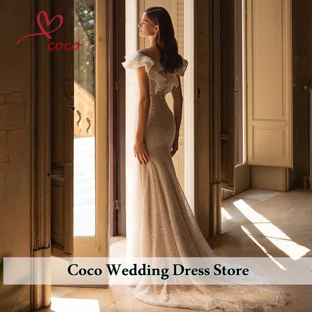 맞춤형 럭셔리 머메이드 웨딩 드레스 보석 짧은 소매 신부 드레스 비즈 장식 레이스 스윕 트레인 웨딩 드레스