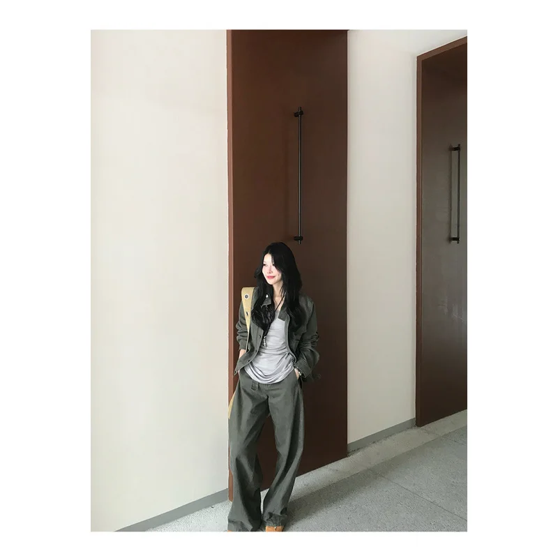 QICHE Women 2026 New Autumn Korean‑Style 2‑Piece Outfit Retro Tailored Stand‑Collar Jacket With Straight Wide‑Leg Trousers