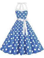 Women Summer Party Dress With Belt Polka Dot Print Halter Hepburn Robe 50s 60s Vintage Dresses - Image 4