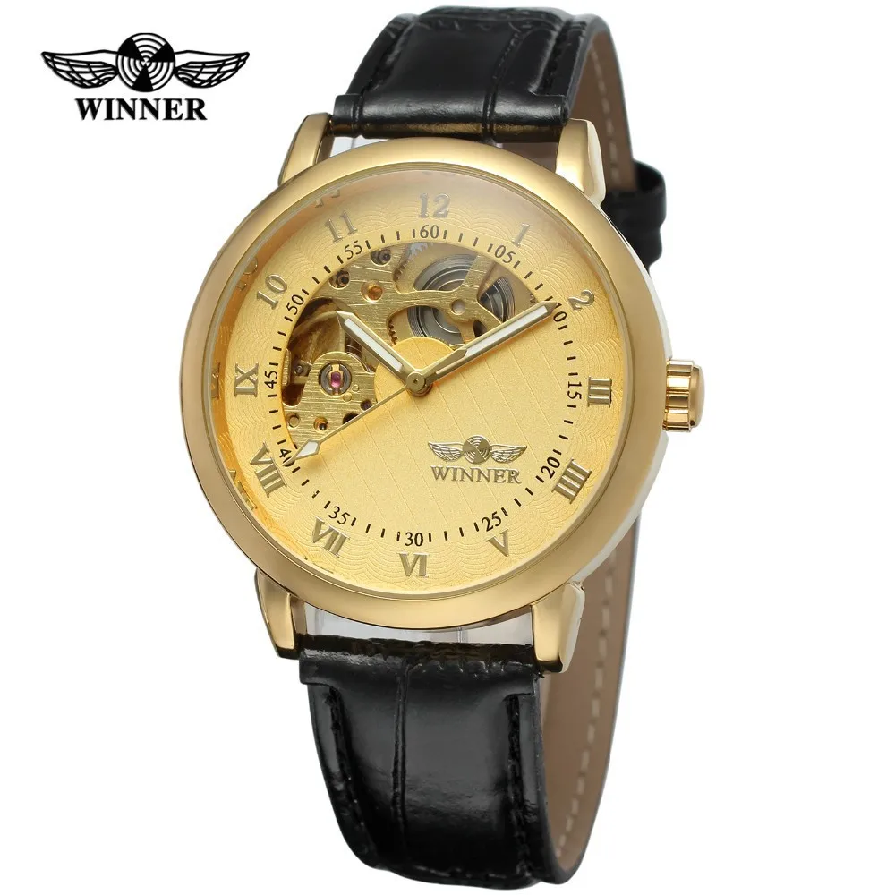 Fashion Winner Top Brand Men\'s Casual Hollow Automatic Mechanical Luxury Golden Leather Business Wrist Watches