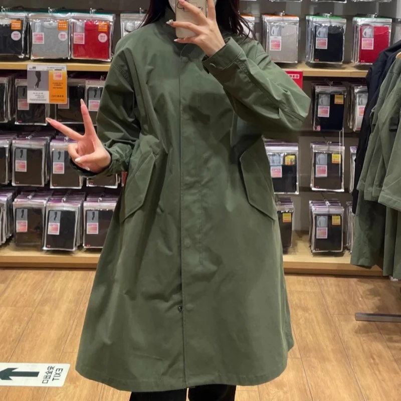 

URHMBMK Briti Sle Mid-Length Stand Collar Casual Coat Polyester Fiber Long Sve Zipper Pure Color Commuter Loose Fit Wo...