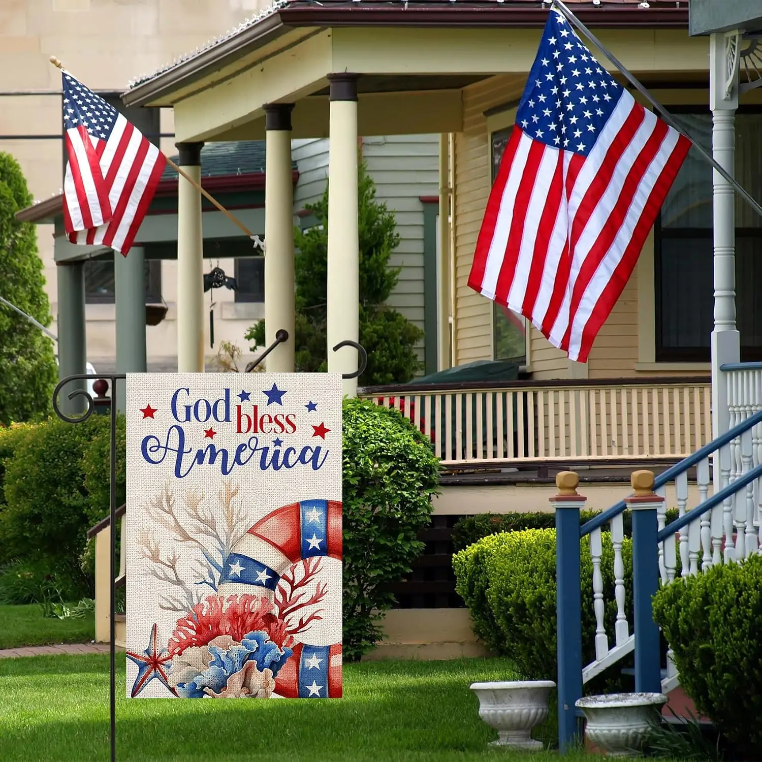 Texupday God Bless America Patriotic Swimming Ring Beach Decoration Memorial Day Summer Double Sided Burlap Garden Flag Rust PPZ