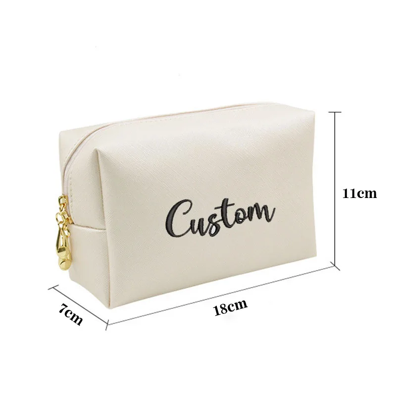 Saco de maquiagem bordado personalizado, portátil, quadrado, impermeável, saco de higiene pessoal PU, grande capacidade, viagens, suprimentos do casamento