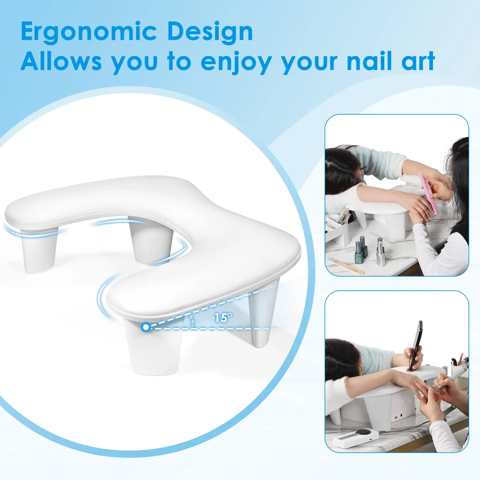 U Shaped Nail Tech Arm Rest, Comfort Manicure Hand Pillow Cushion, Nail Art Armrest Stand, White