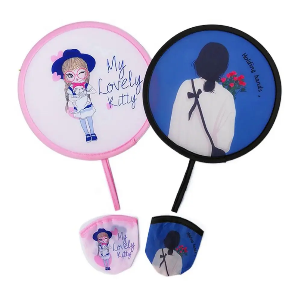 Fashion Decorative Mini Flying Disk Fan Round Cartoon Folding Fans Collapsible Fan with Pocket Hand Fan For Beach Lawn
