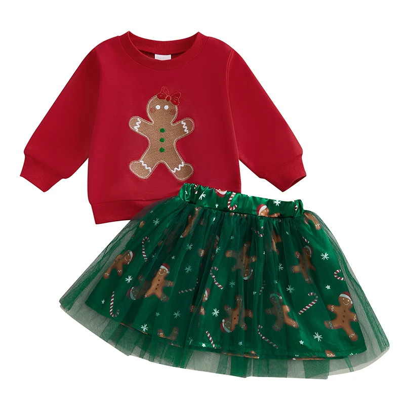 Toddler Girls 2Pcs Christmas Outfits Long Sleeve Gingerbread Sweatshirt + Tulle Skirt Set Baby Clothes