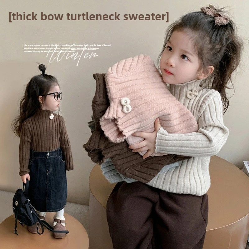 2025 New Girls' Half-High Neck Knitted Sweater - Thickened Warm A/W, Cute Bow, Toddler Knit Base Layer Top Children's