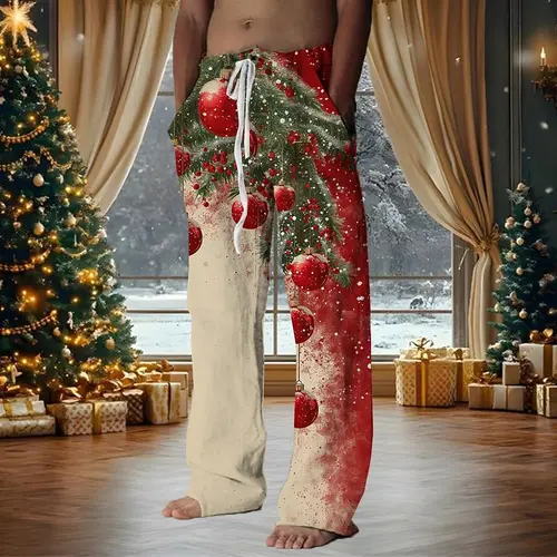 Imagen 2 del producto Pantalones navideños con forma de copo de nieve para hombre, pantalón informal con cordón, cintura elástica, pantalones informales de pierna recta para exteriores, primavera y otoño