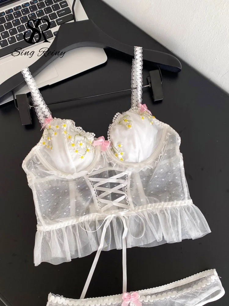 SINGREINY Floral Lace Hotsweet Lingerie Two Piece Sets Women Strap Ruffles Mini Bra+Sheer Thongs Embroidery Mesh Underwear Suits - Image 3