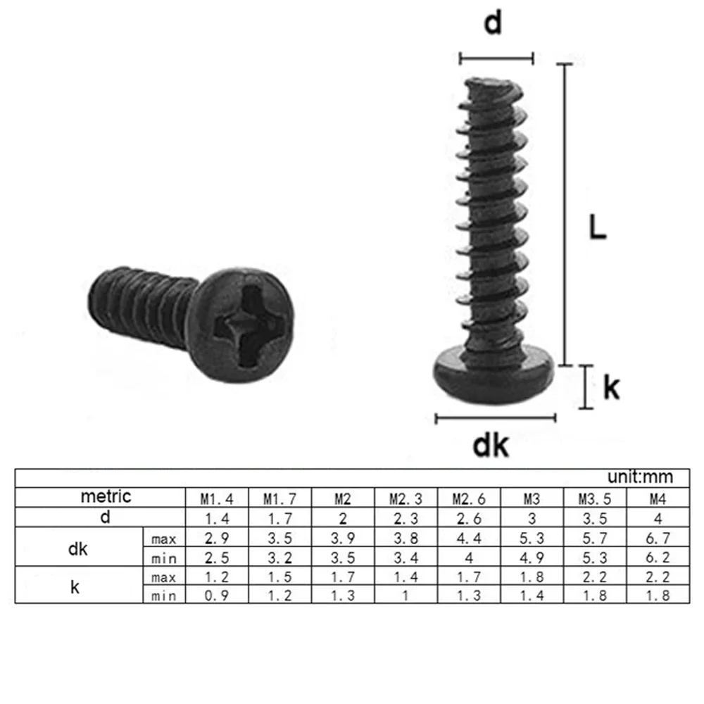 100Pcs M1 M1.2 M1.4 M1.7 M2 M2.3 M2, 6 M3 M3 M3 3, 5 M4 M5 z łbem stożkowym i wgłębieniem krzyżowym śruba gwintująca stal węglowa z czarnym fillipsem