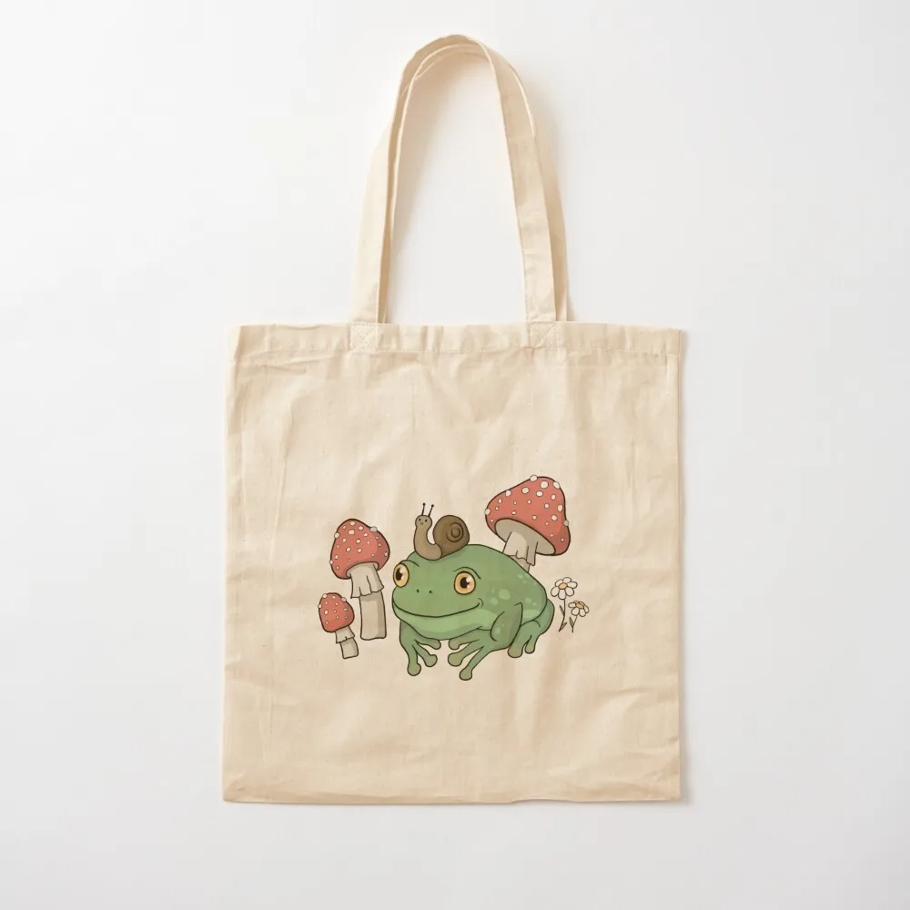 Frog with Snail Hat in Mushroom Forest: Cottagecore Aesthetic Toad, Goblincore Fairy Grunge, Toadstool Fungi Theme, Tri Tote Bag