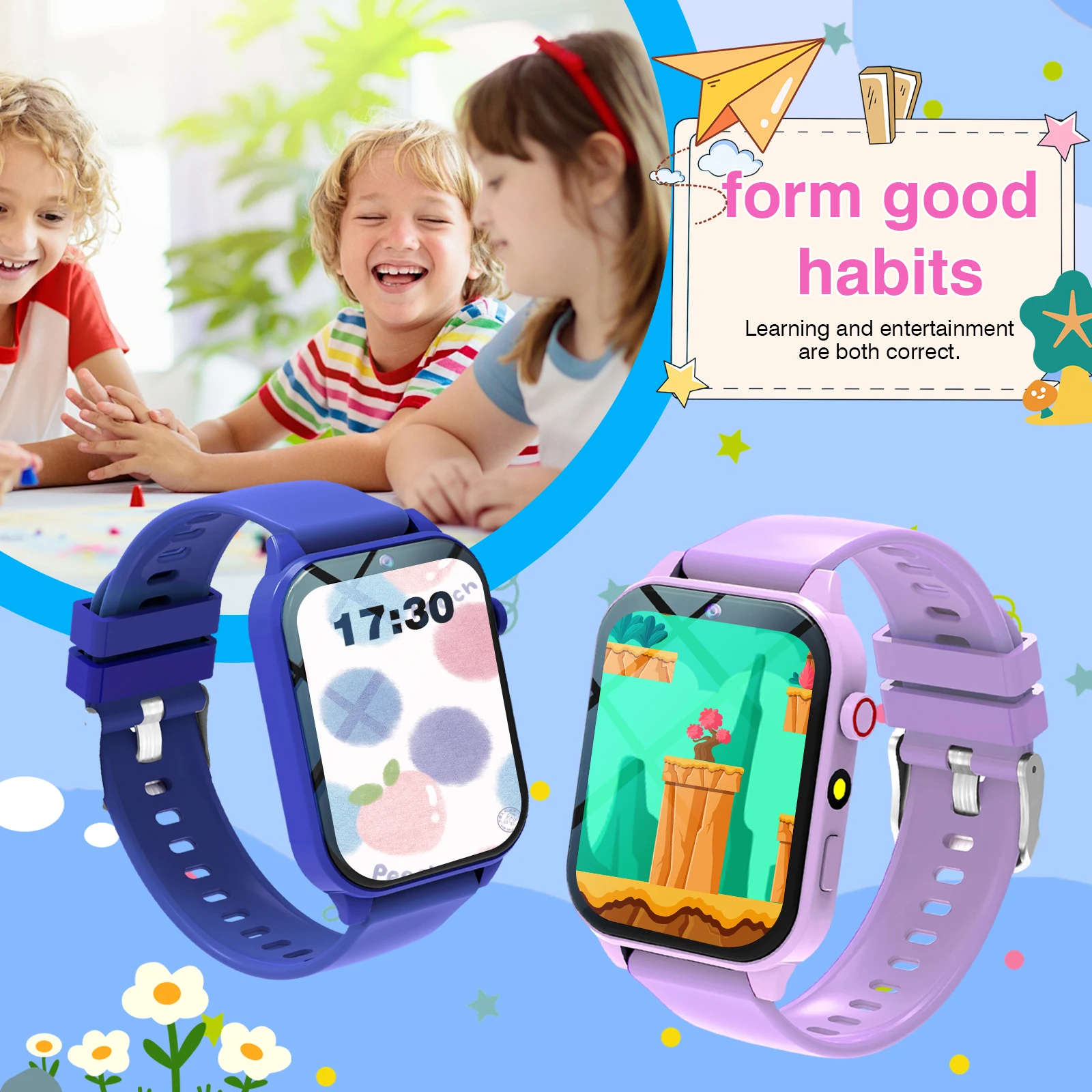 ساعة ذكية للأطفال مقاس 1.83 بوصة مع كاميرا، ألبوم صور لتسجيل النمو، 18 لعبة مدمجة، آلة حاسبة/تقويم/مصباح يدوي LED، #2