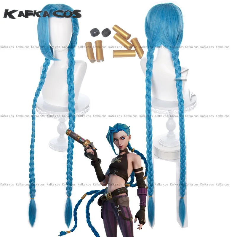 Anime Lol Jinx Cosplay Pruik Hoofddeksels Tattoo Lang Gevlochten Blauw De Losse Kanon Pruik Hittebestendig Synthetisch Haar Voor Halloween