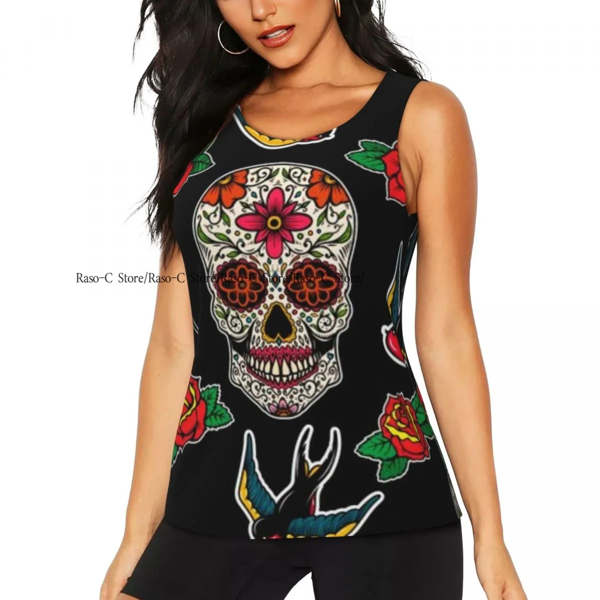 

Женские майки для тренировок, быстросохнущие спортивные рубашки без рукавов, мексиканские топы для занятий йогой в тренажерном зале с сахарными черепами и ласточками