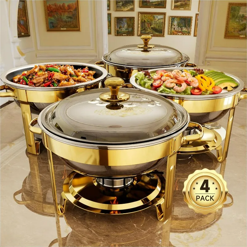 

Chafing Dishes for Buffet, 4 Pack 5QT Round Stainless Steel Chafing Dish Set for Home Parties, Christmas Gatherings