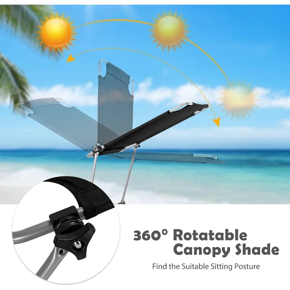 Silla de bronceado plegable, tumbona de playa con toldo de 360 °, parasol, bolsillo lateral, ajustable en 5 posiciones