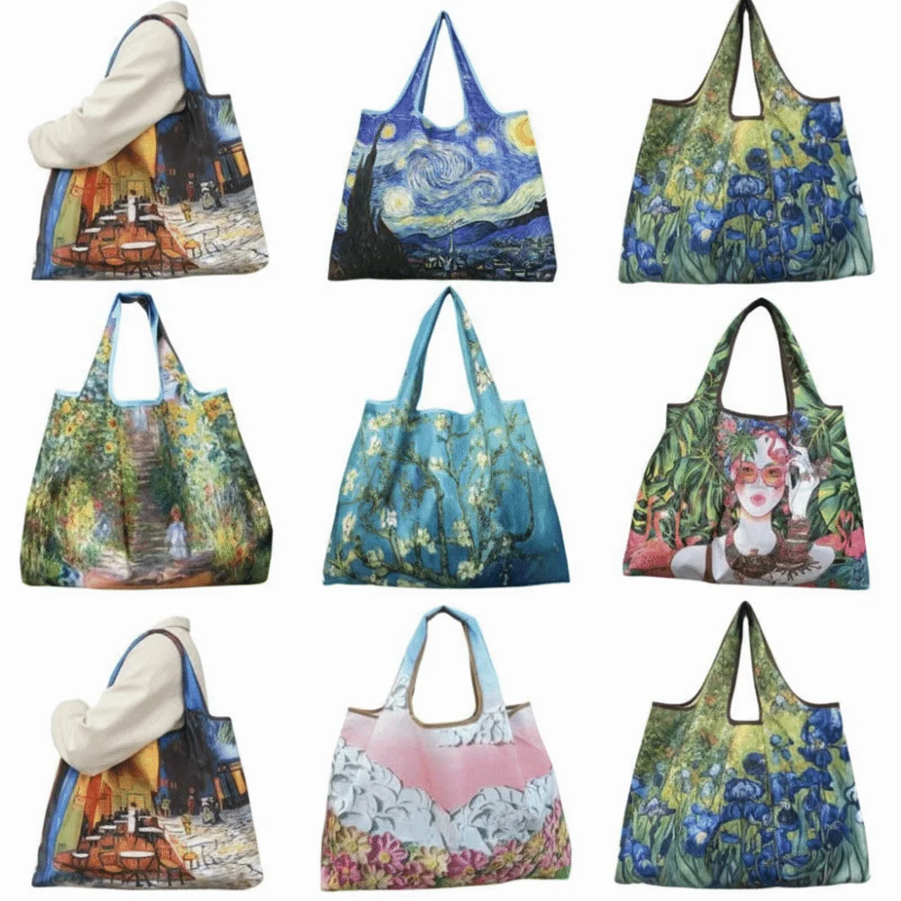 Oil Painting Print Folding Shopping Bag Portable Design Foldable Feature Square Shopping Bag Positioning Design Large Capacity