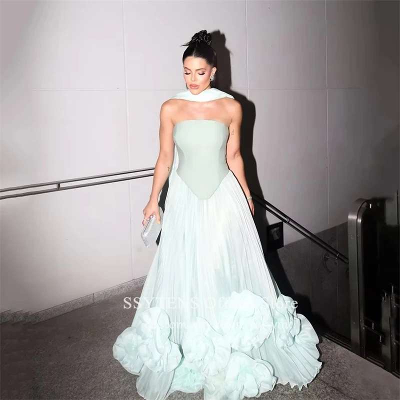 SSYTENS Mint Blue Chiffon Evening Dress Strapless A Line Lace Up Wedding Prom Party Dresses Customized Elegant Formal Prom Gowns