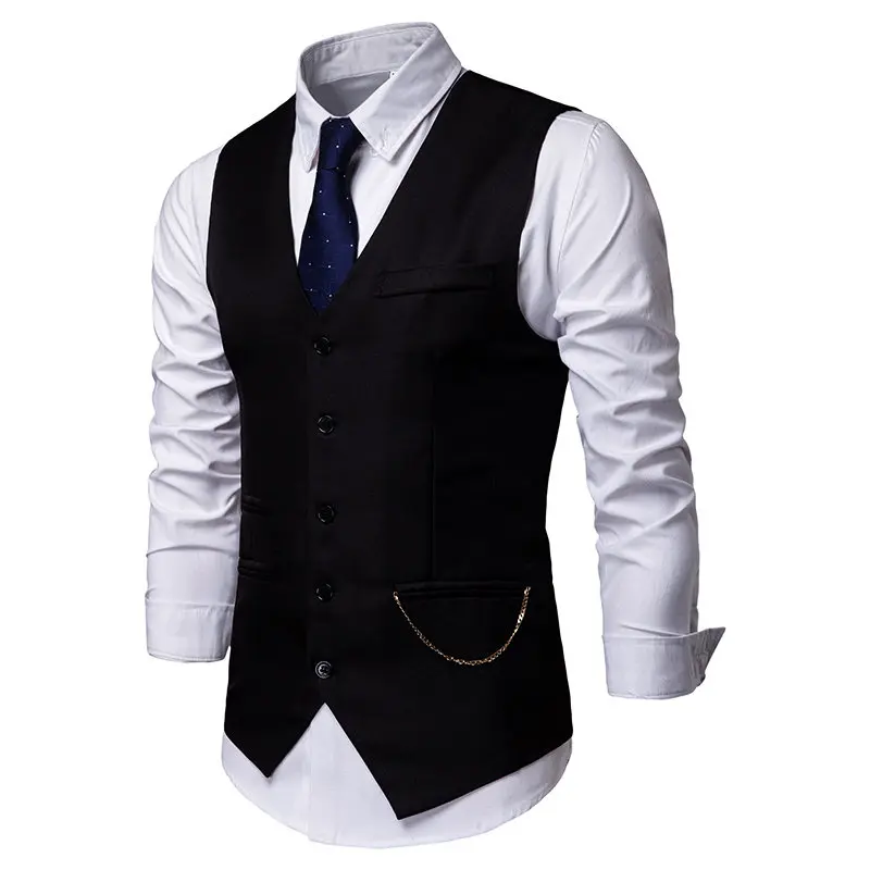 

Men's Busin Casual Vest Youth Large Size Color Five Button Chain Decorated Jaet V Ne Regular Fit Autumn Faion