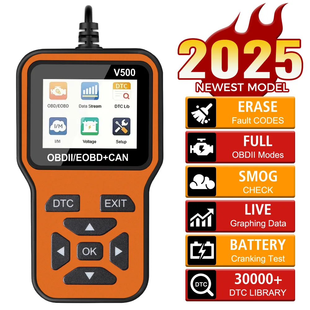 

Code Reader Battery Tester Fault Code Clear OBD II Scanner Check Engine System V500 Car OBD2 Diagnostic Tools Universal